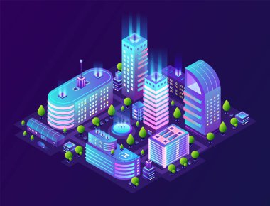Biyometrik akıllı şehir. Neon kasabasında fütüristik 3d binalar, degrade renklerde modern megapolis ilçe. Vektör teknolojisi arka planı