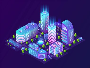 Isometric smart city. Futuristic 3D buildings in neon town, modern megapolis district in gradient colors. Vector technology background clipart