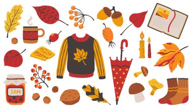 Autumn set. Cozy hand drawn decorative elements for poster greeting cards and invitations with tea sweater candles and jam. Vector set clipart