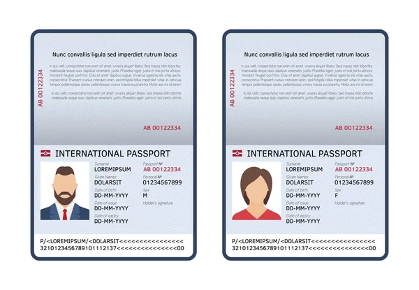 Buka paspor internasional. Aku mengosongkan halaman foto pria dan wanita. Dokumen perjalanan vektor dan imigrasi - Stok Vektor
