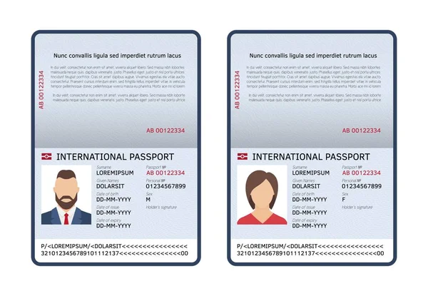 Pasaportes internacionales abiertos. Id en blanco página de fotos de documento masculino y femenino. Documento de viaje e inmigración vectorial — Vector de stock