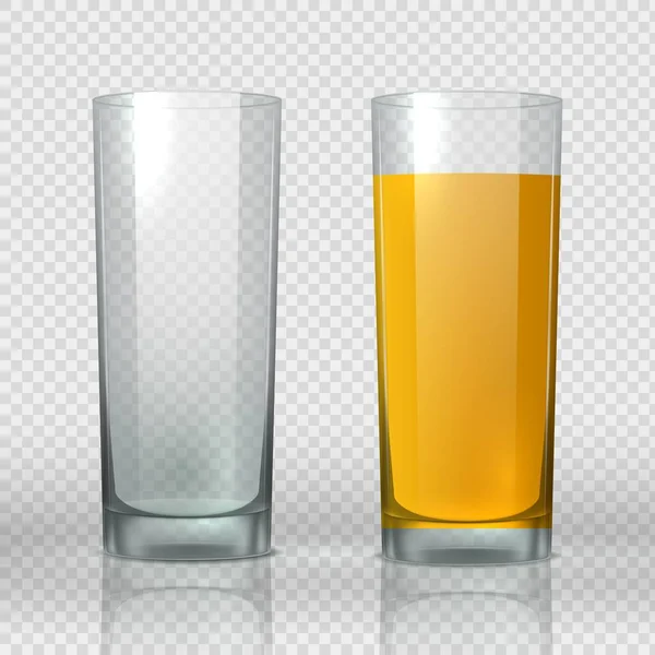 Un vaso de jugo de melocotón. Taza alta transparente vacía y completamente realista con bebida naranja. 3D objetos vector fruta bebida orgánica — Archivo Imágenes Vectoriales