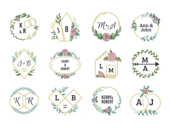 Bruiloft logo's. Floral Boho monogrammen en frames voor bruiloft uitnodigingskaarten met minimalistische elementen. Vector Floral set — Stockvector