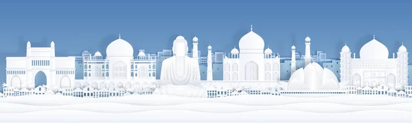 Папір відрізаний Індія. Пейзаж туристичний банер шаблон з Тадж-Махал і знамениті індійські орієнтири. Векторна папір панорама міста — стоковий вектор