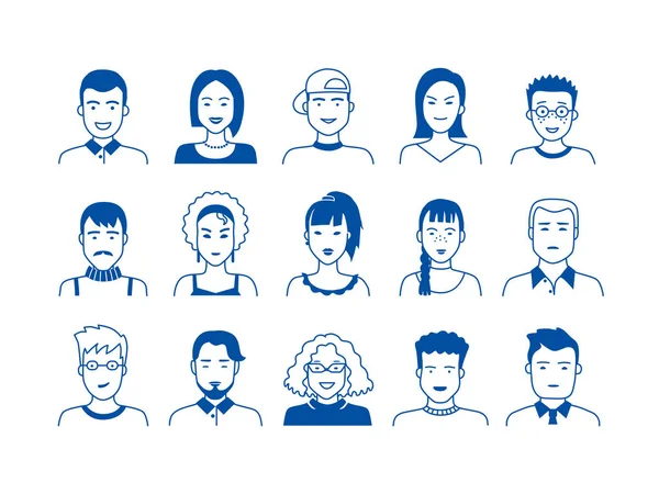 Avatar lijn iconen. Hand getekende mensen cartoon gezichten, schattige jongens en meisjes tiener personen, moderne vector mannelijke en vrouwelijke Avatars — Stockvector