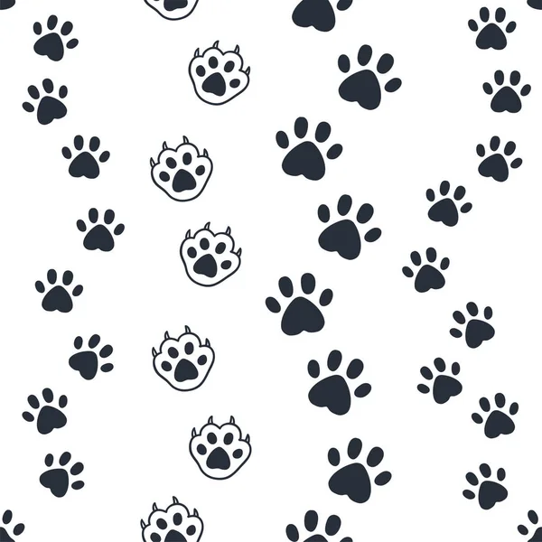 Cat paw pattern. Seamless dog foot print, wild animal and pat sunny paws silhouettes for background. Vector kitten and puppy foots