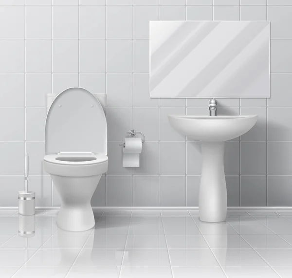 Un baño realista. Moderno cuarto de baño en 3D interior con pared de cerámica blanca fregadero de papel higiénico y cepillo. Vector inodoro maqueta — Archivo Imágenes Vectoriales