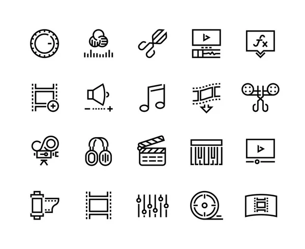 Ícones de linha de produção de vídeo. Editar a classificação de cores adicionando efeitos especiais, música de animação e edição de filmes. Conjunto de vetores —  Vetores de Stock
