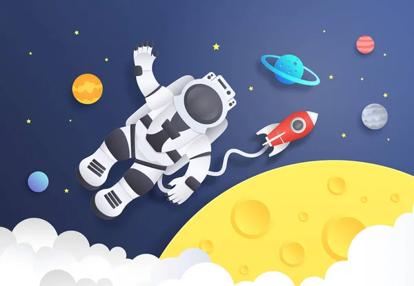 Papier snij ruimte. Cartoon astronaut in Cosmos met ruimteschip sterren en planeten, Spaceman in Galaxy. Vector achtergrond met kosmonaut — Stockvector