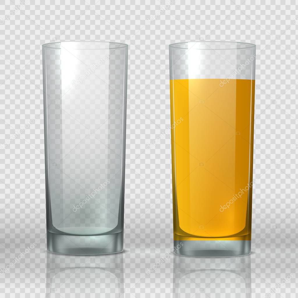 Glass of peach juice. Empty and full realistic transparent tall cup with orange drink. 3D objects vector fruit organic drink