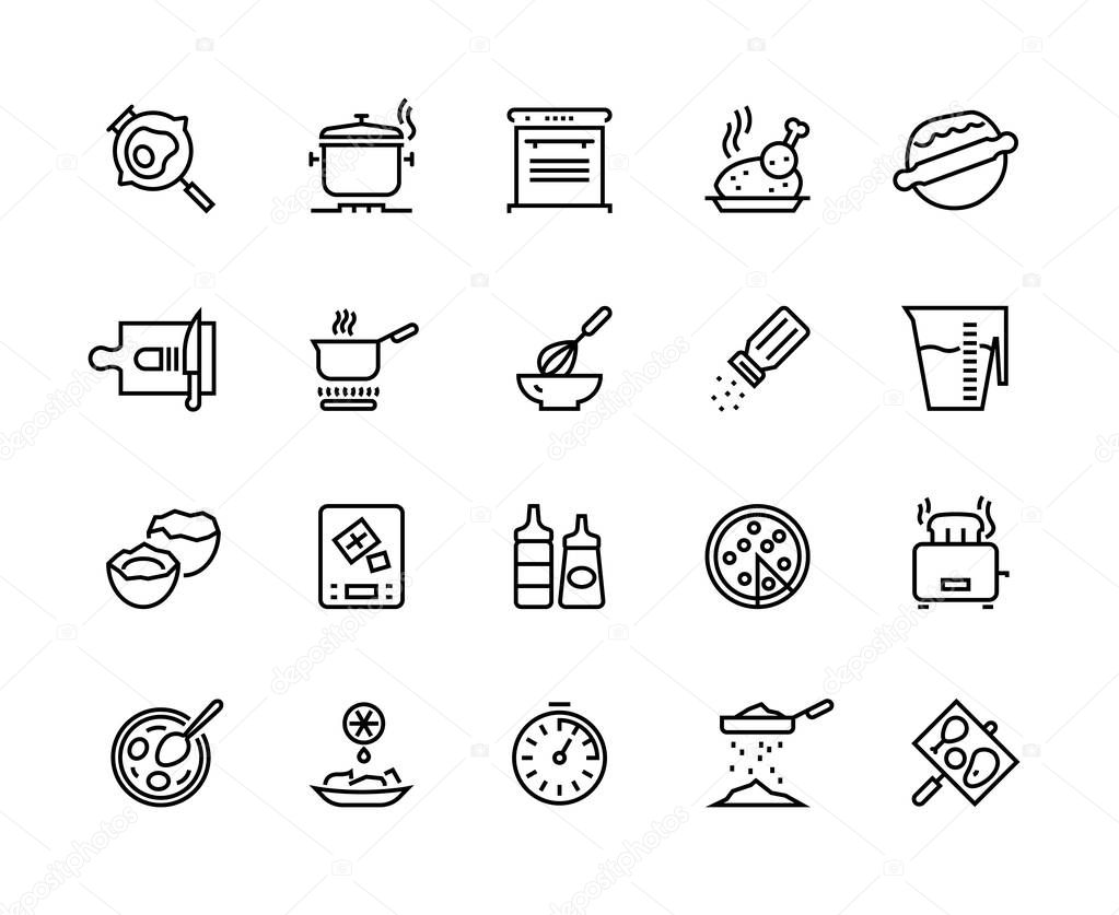 Cooking line icons. Pan pot kitchen utensils and cooking processes, boiling frying mixing and cutting. Vector food prepare set