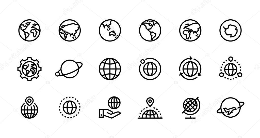 Globe line icons. World sphere with longitude and latitude, travel and destination concept. Vector web interface outline symbols