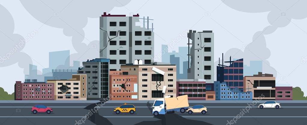 City earthquake. Cartoon natural disaster landscape with cracks and damages on buildings and ground. Vector city destruction