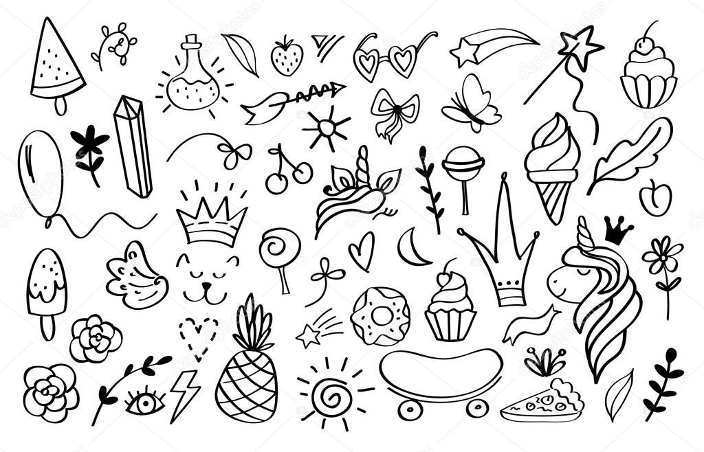 Doodle elements. Sketch decoration design templates for invitation and greeting cards. Vector hand drawn crown stars and arrows