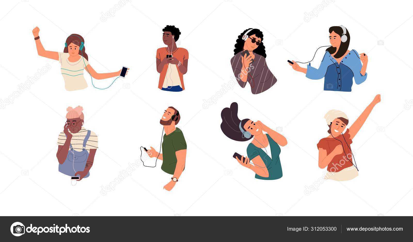 사람들은 음악을 듣습니다. 행복 한 만화 캐릭터들은 스마트폰을 통해 춤을 추고 음악을 듣습니다. 헤드폰 을 가진 각양각색의 젊은이들  스톡 벡터 - ©SpicyTruffel 312053300, image size:1600x937