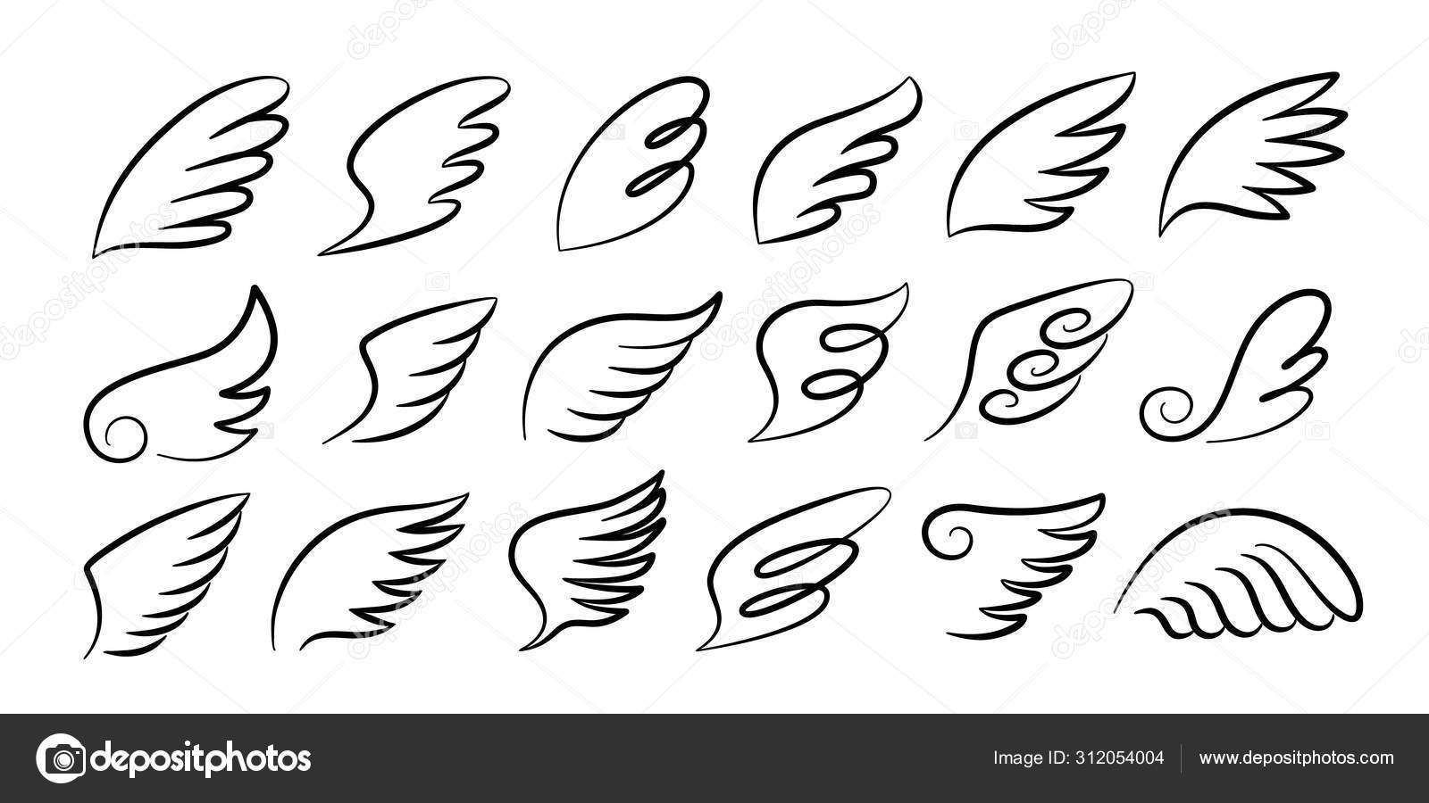 Doodle wings. Cartoon bird feather wings, religious angel wings ink sketch,  black tattoo silhouette. Vector hand drawn set Stock Vector Image by  ©SpicyTruffel #312054004