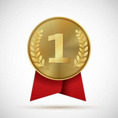 Kırmızı kurdeleli altın madalya. Birincilik, altın tasarım lahana. Gerçekçi vektör illüstrasyon sembolü ödüllü spor kahramanı gibi bir numarayı gösteriyor.