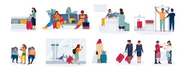 Gezginler ve turistler. Havaalanındaki kadın ve erkekler girişlerini yaptırıyor, bekleme salonunda oturuyor ve geri kazanma alanlarını kontrol ediyorlar. Vektör sahneleri
