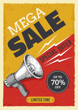 Satış megafonu posteri. Satış afişi, haber ve reklam broşürlü klasik megafon. Vektör uyarısı ve dikkat kavramı