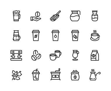 Kahve kuyruğu simgeleri. Latte, cappuccino bardağı ve espresso kahve makinesi, kahve dükkanı çizimleri. Vektör seti