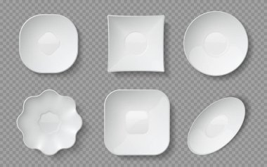 Gerçekçi yemek tabakları. Beyaz boş çanak çömlek, porselen bulaşık takımı, cam kaseler ve restoran tabakları. Vektör seramik tabak