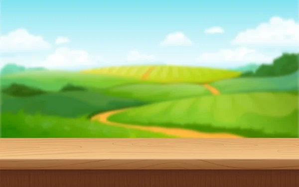 Fondo paisaje desenfoque. Mesa de madera y campos de verano fondo borroso. Imagen vectorial paisajes al aire libre con campos y camino al horizonte — Vector de stock