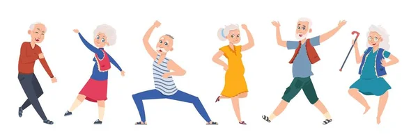 Dans eden yaşlı insanlar. Çizgi film mutlu yaşlı karakterler, yaşlılardan oluşan bir grup iyi vakit geçiriyor. Vektör düz komik büyükanne ve büyükbaba — Stok Vektör