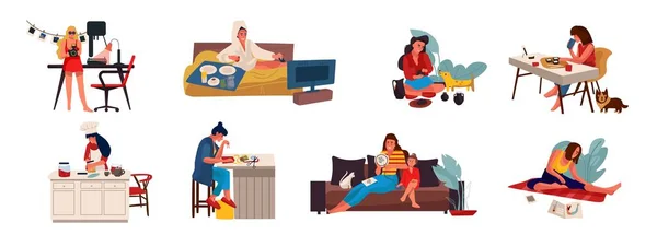 People with hobbies. Flat creative characters cooking playing sewing and doing hobbies at home. Vector cartoon women — ストックベクタ