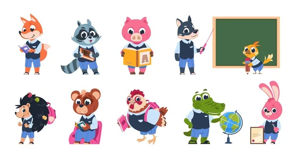 Personaggi animali della scuola. Carino i bambini animati animali a scuola con libri e zaini che leggono e studiano. Set divertente vettoriale — Vettoriale Stock