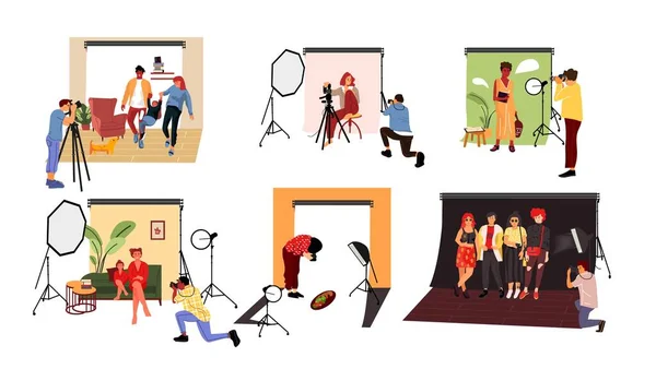 Photographers in studio. Cartoon models working at photo studio in different poses and with costumes. Vector couple and family — ストックベクタ
