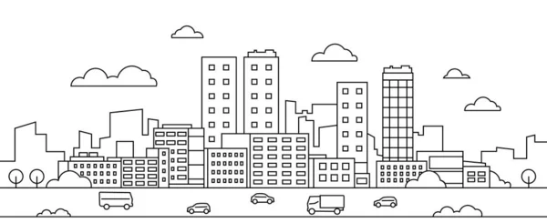 Paisagem da cidade. Urbanismo urbano com arranha-céus, edifícios, rua, parque e carros, moderno fundo linear. Vector no centro —  Vetores de Stock