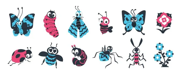 Милые насекомые. Мультяшные жуки со счастливым лицом, бабочка-гусеница-паук и другие красочные персонажи для иллюстрации векторных детей — стоковый вектор