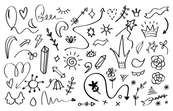 Doodle elements. Crowns arrows stars and flowers sketch design template. Vector hand drawn decoration elements for invitations