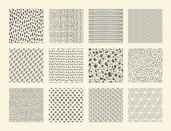 Texturas desenhadas à mão. Padrões de pincel de tinta sem costura com pontos golpes grunge e elementos doodle. Conjunto de esboço étnico abstrato vetorial —  Vetores de Stock