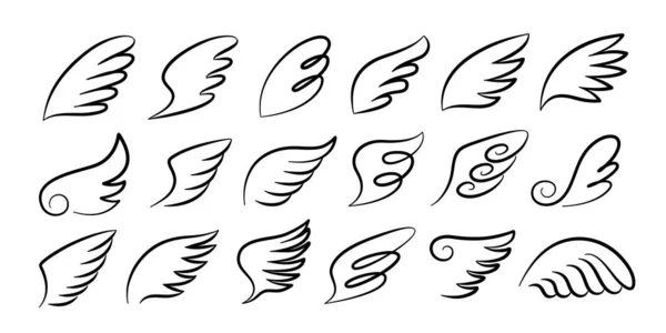 Doodle wings. Cartoon bird feather wings, religious angel wings ink sketch, black tattoo silhouette. Vector hand drawn set — ストックベクタ