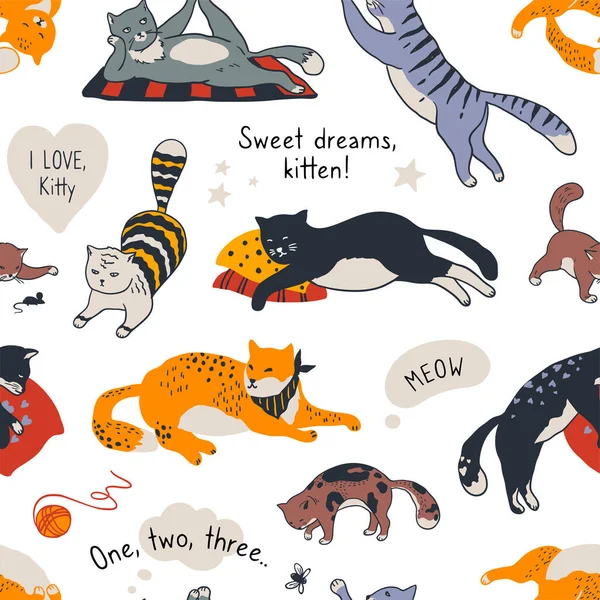Padrão de gato. Textura sem costura de diferentes gatinhos bonitos, modelo de tecido moderno doodle com gatos diversos. Vetor engraçado padrão de impressão —  Vetores de Stock