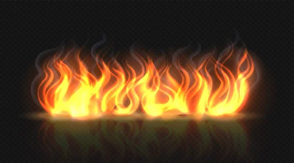 Effetto fuoco fiamma con fumo. Riflessione orizzontale fumo e scintille. Fiamma di fuoco ardente realistica. Effetto luce arancione caldo. Illustrazione vettoriale — Vettoriale Stock