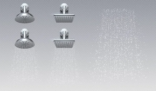 Cabeças de banho realistas. Chuva de banho chuveiro de metal. Design de criatividade ilustração vetorial chuveiros elegantes com gotas de água fluindo — Vetor de Stock