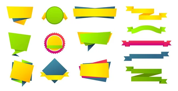 Pegatinas planas etiquetas pancartas conjunto. Web origami colección de etiquetas amarillas azules y verdes para el mensaje. Diseño de cinta vectorial colorido para precio o texto — Vector de stock