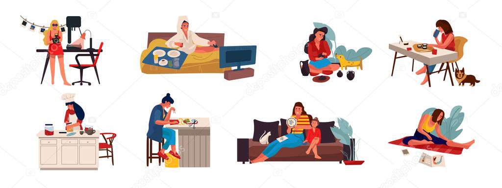 People with hobbies. Flat creative characters cooking playing sewing and doing hobbies at home. Vector cartoon women