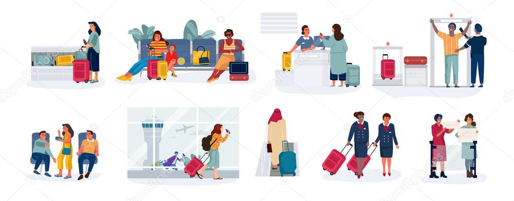 Travelers and tourists. Men and women in airport at check-in, sitting in airplane waiting hall and reclaim area. Vector scenes