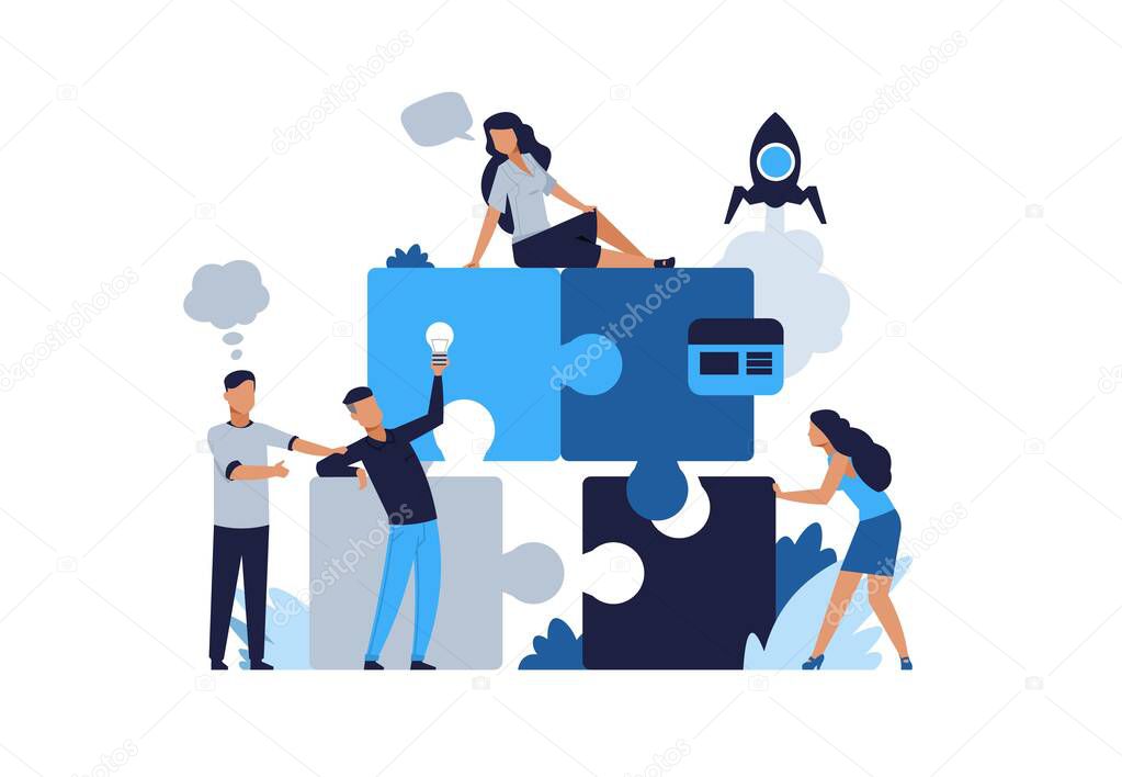 Business puzzle concept. Teamwork and partnership flat puzzle with cartoon businessman. Vector people connected in collaboration