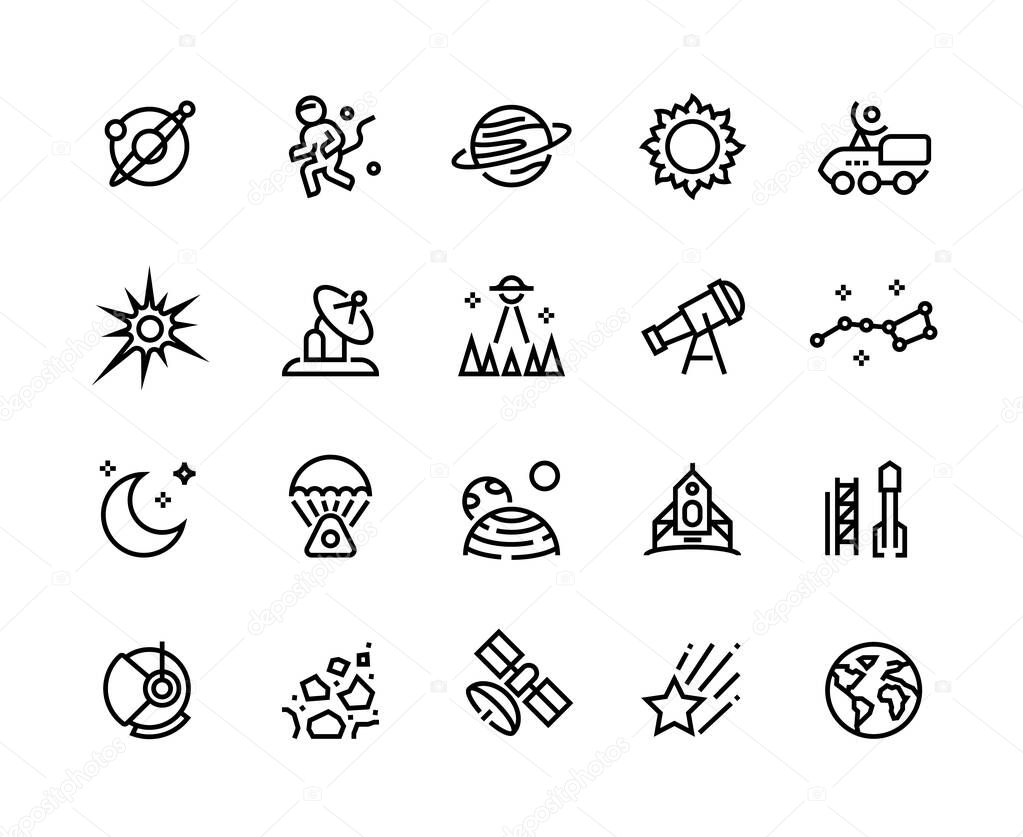 Space line icons. Planets and stars infographic elements with astronaut alien rocket and other astronomy and cosmos vector symbols