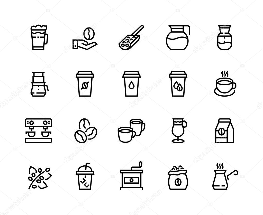 Coffee line icons. Cup with latte, cappuccino mug and espresso coffee maker machine, coffee shop outline pictograms. Vector set