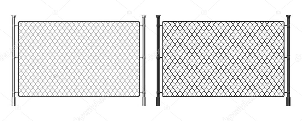 Metal wire fence. Realistic steel dark and light fence, industrial metal wire mesh, prison security urban railing. Vector steel greed