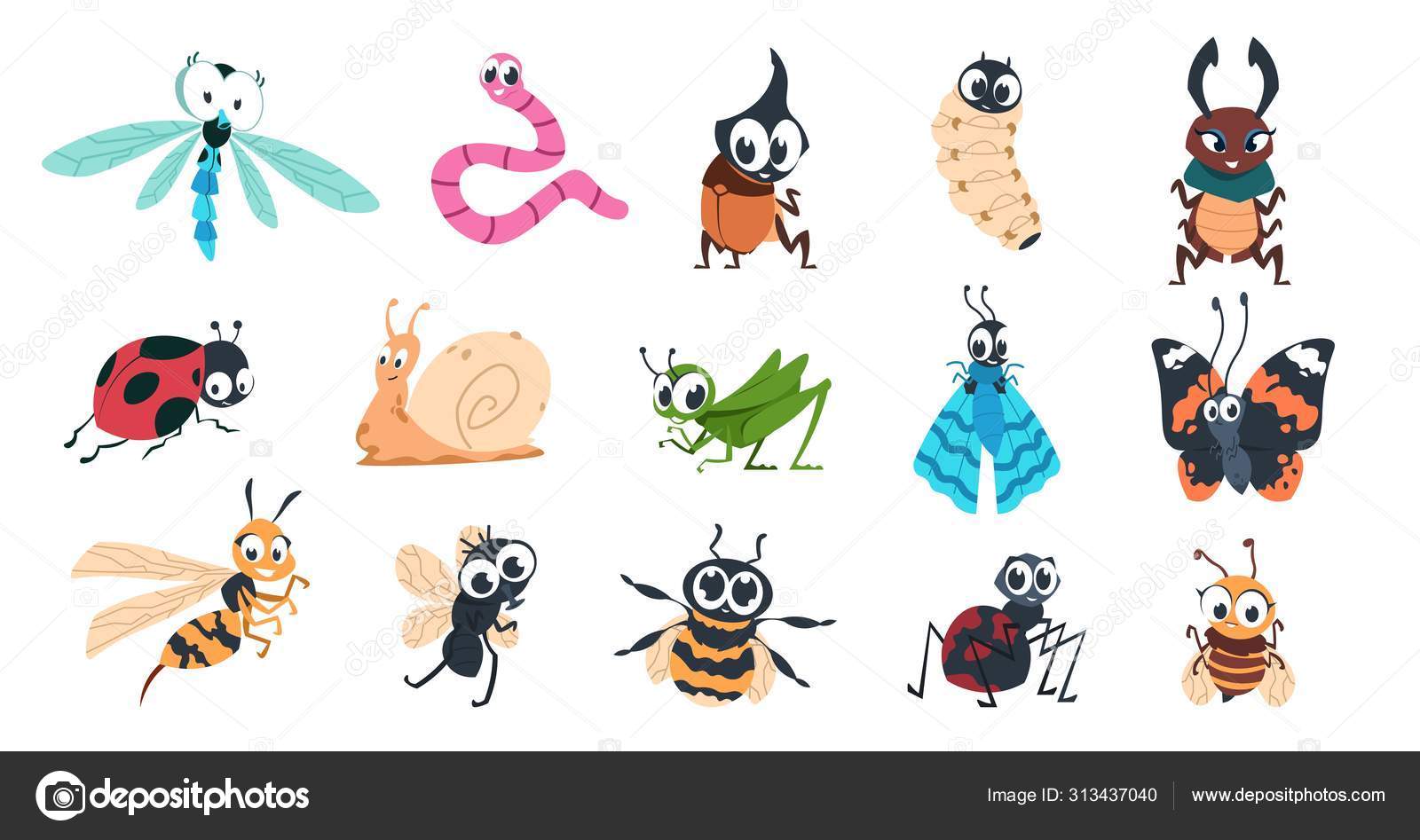 Funny bugs. Cartoon cute insects with faces, caterpillar butterfly  bumblebee spider colorful characters. Vector illustration for kids Stock  Vector Image by ©SpicyTruffel #313437040