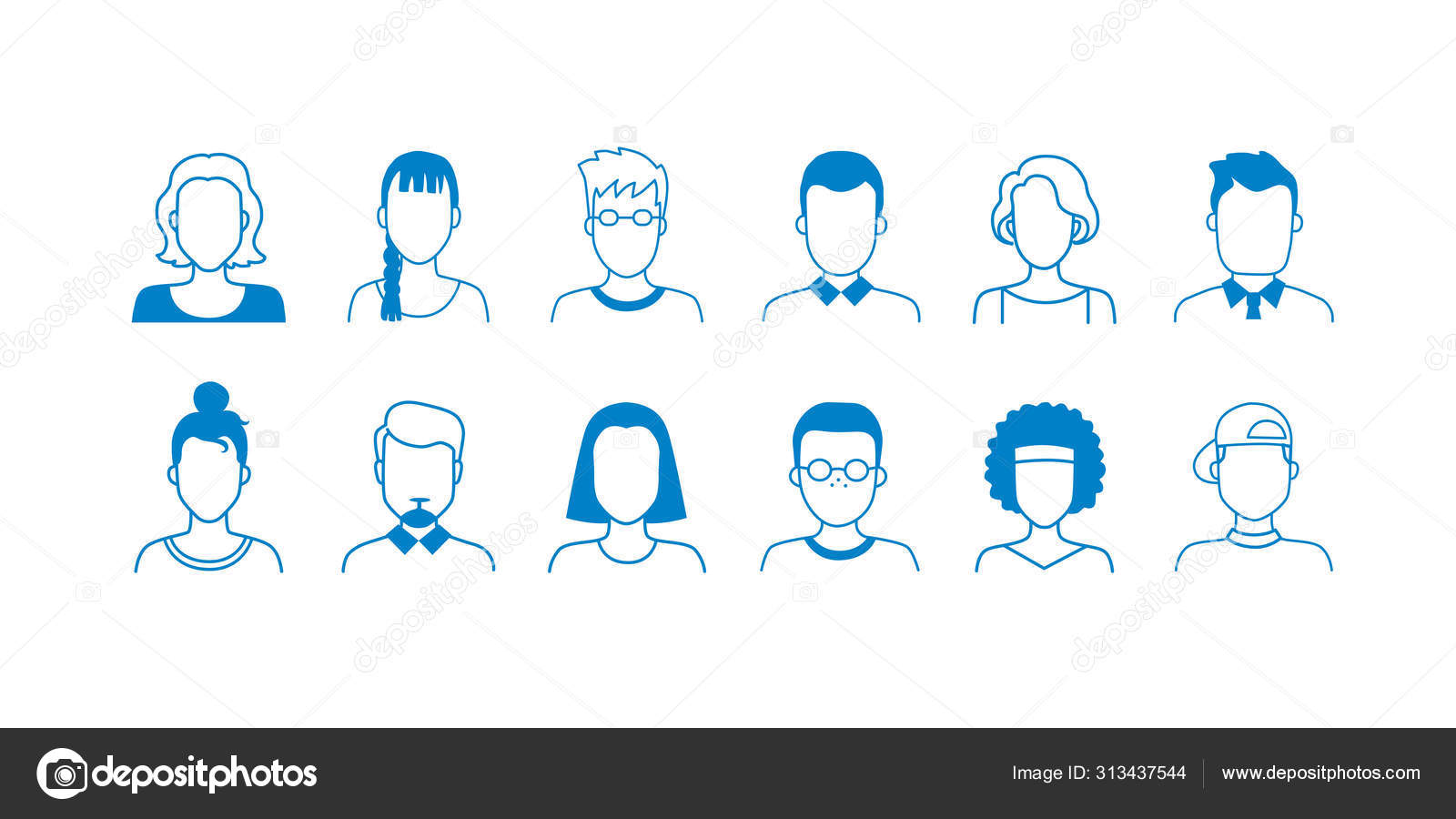 vector linear flat people faces icon set. Social media avatar