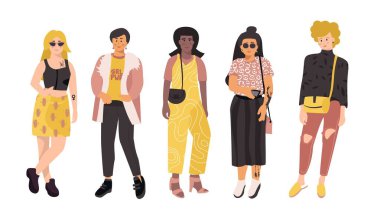Çeşitli kadınlar. Güçlü kız grubu, feminist güçlendirme konsepti, farklı uluslararası kızlar. Vektör fikir kızı ayarlandı
