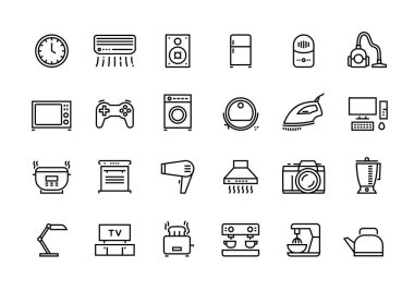 Home appliances line icons. Household electric devices, kitchen equipment and smart utensils. Vector TV microwave lamp set clipart