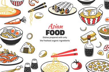 Doodle Asya yemekleri geçmişi. Çin mutfağı eskizi, erişteli pirinç çorbası ve restoran menüsü için sos. Vektör el çizimi poster